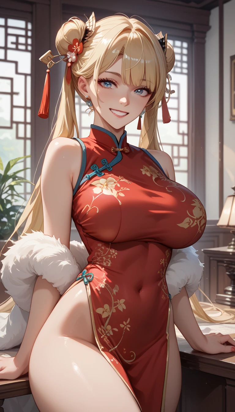 8k, Masterpiece, High Quality:1.2,  delicate illustration,  very detailed,One female,Kitagawa Marln,  Blonde,bangs, kind,  is embarrassing,smile, Big Breasts, very nice, Chinese clothes,room