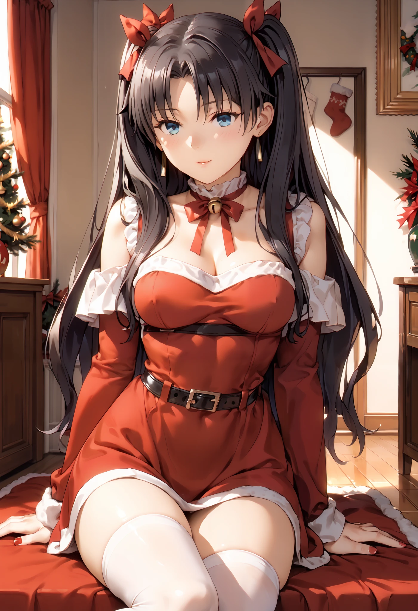 sfw, anime style, extremely detailed CG, high resolution, best quality, masterpiece, single woman, tohsaka rin (fate zero), black hair, blue eyes, (beautiful detailed eyes: 1.4), christmas outfit, thigh-high stockings, natural pose, indoors