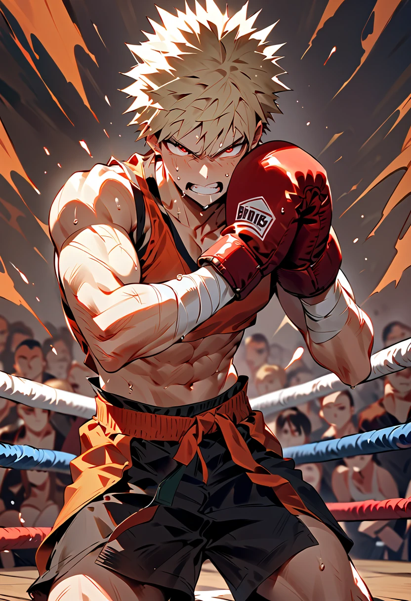 { - anatomy error} , ((Best Quality)), ((masterpiece)), (detailed),  The character is in a dynamic and confident stance. , 1 boy, katsuki bakogu, red eyes, blonde hair,  He wears red boxing gloves with white details that reflect wear, suggesting that they are being actively used.
He has white bandages on his forearms and hands, typical of boxers to protect the knuckles.
His lower part is black shorts with details in orange tones and a white ribbon tied in front, typical of boxing uniforms.
The character is bare-chested, exposing his well-defined muscles, covered in sweat, indicating recent physical effort. His face and torso have multiple cuts, scars and scratches, indicating that he is in the middle of an intense fight or that he has gone through a difficult fight. The expression is serious and determined. His eyes are shaded, which intensifies his threatening air. The shadow covers part of his gaze, giving it a dramatic touch and focus on the battle.
The gesture of his mouth seems tight or concentrated, reflecting resistance and effort. He is in a combat position, with both arms raised in guard, protecting his face.
His body is slightly leaning forward, indicating that he is prepared to attack or defend himself.
The tense, marked muscles suggest that he is ready to move or that he is enduring the impact of combat. Background:
It is a boxing ring, with white and red ropes, typical of this type of setting.