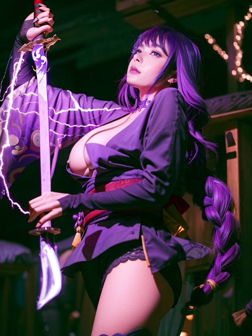 1girl,solo,Raiden_shogun,purple eyes,purple hair,large breasts,beautifully shaped breasts,draw sword,electricity,hand up,very aesthetic,newest,general,masterpiece,best quality,ultra-detailed