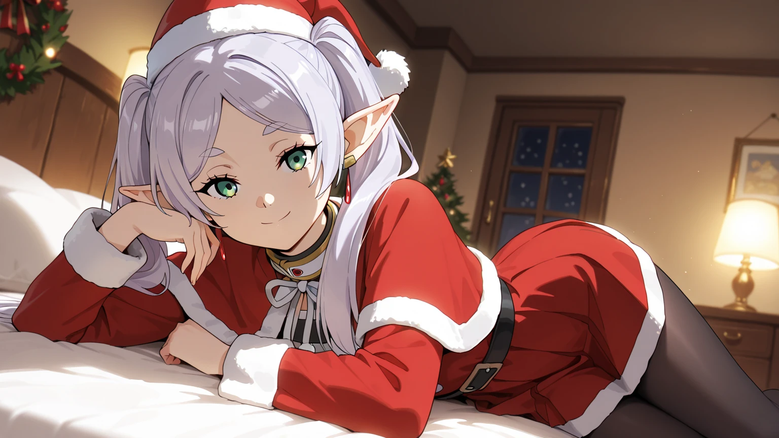 (masterpiece), best quality, absurdres, very aesthetic, looking at the viewer, nice hands, 1 girl,zzFrieren, long hair, smile,  twintails, green eyes, grey hair, pointy ears, elf, zzFrieren, long hair, twintails, green eyes, grey hair, pointy ears, elf, shirt, long sleeves, jewelry, earrings, red capelet santa , christmas, red santa hat, santa costume, room decoration, christmas decorated room, pose in bed, red skirt, black pantyhose,