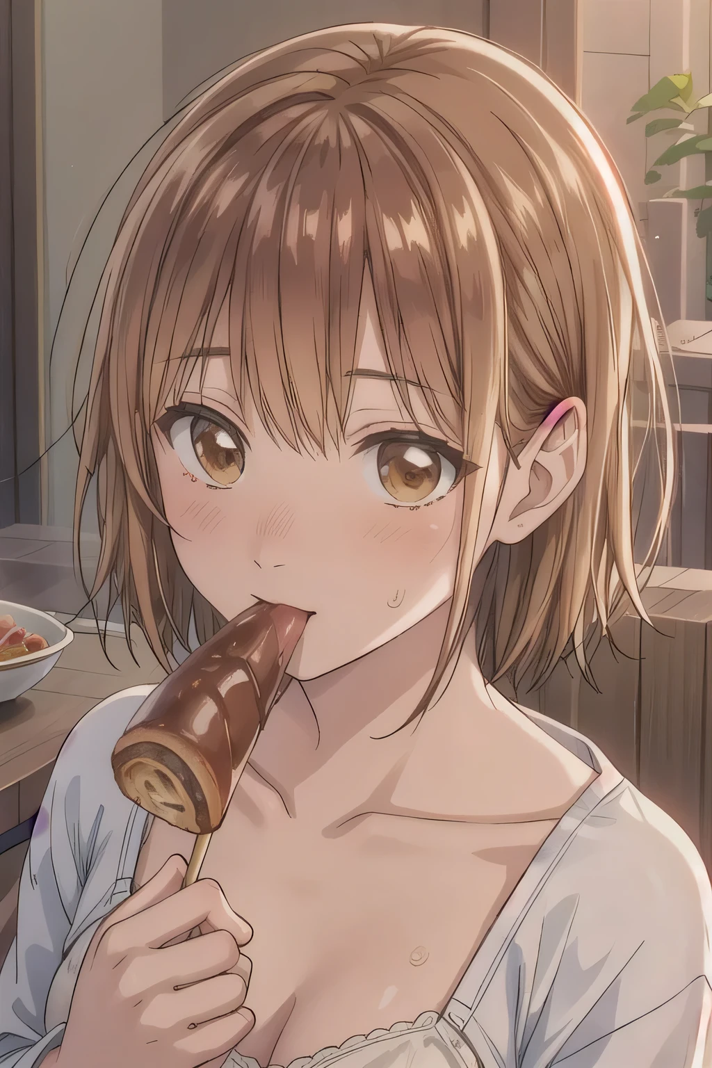 nsfw. Draw from the waist up. She is holding a thick sausage on a skewer with both hands and biting into it. One woman. She is wearing a plain white bra. Beautiful small breasts. wearing white panties, she blushes shyly. ( masterpieces during breakfast :1.2), top quality,(((( high definition )))), unity 8k , (shape:0.8), ((((Highly detailed faces)))), perfect lighting , ((( Highly Detailed CG))), Brown Eyes , brown hair, short hair to be shouldered.