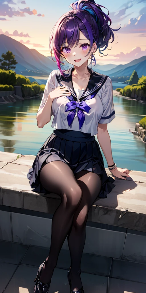 realisticlying,1girll,Bigchest,long leges,White hair,Purple eye,Super short black pleated skirt,White shirt,parted lip,Be red in the face,Get wet