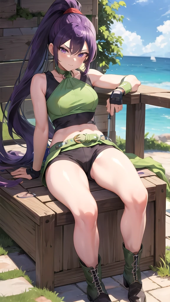 masterpiece,  best quality ,  high definition ,  one girl, Maruchina,  purple eyes,   purple hair , very long hair,  ponytail, My hair is tingling,  green choker,  o-ring top,  tank top in front of urinal,  sleeveless,   fingerless gloves, Green Globe, , Black shorts, Green Belt,  boots,  staring at viewers,  outdoors, Glass,  sitting 