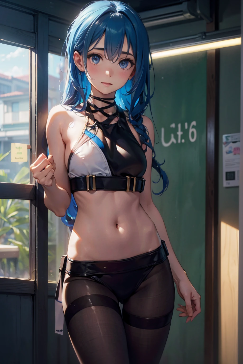 young boy, Long black hair with blue hair tips, Green eyes, Thick openwork top, Shorts, open belly, smirk, hands behind head, Masterpiece, hiquality, high detail, HD, 4k