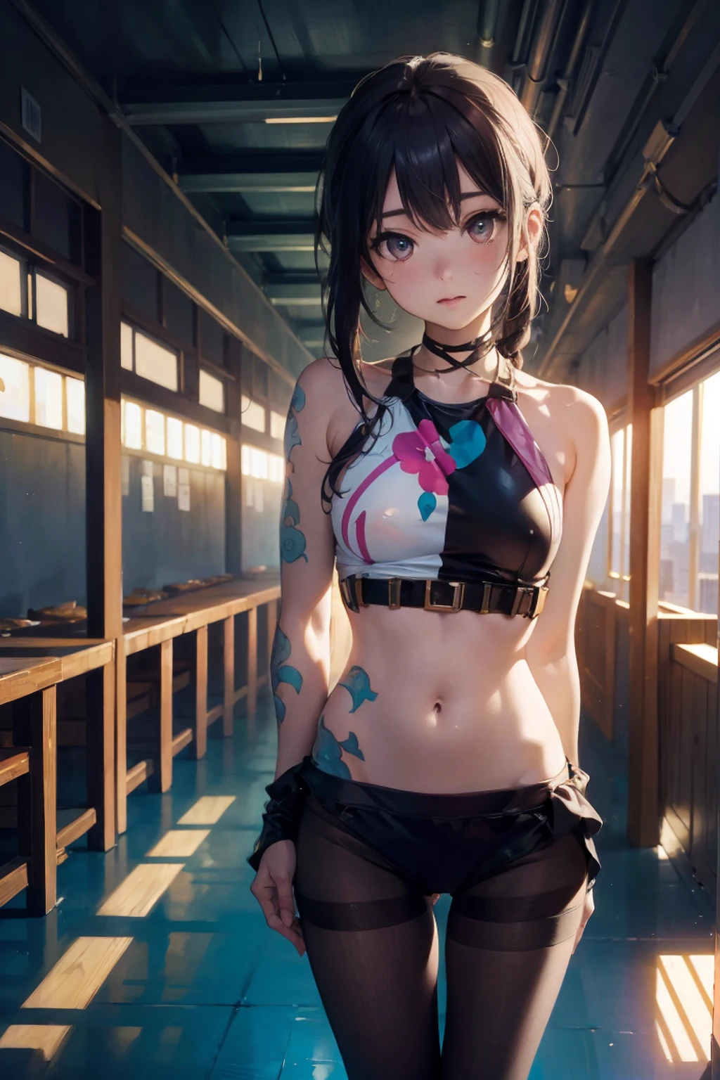 ((sitting in Indian style)), seated, floral black bikini, bare feet, perfect limbs, full body, accessories
Slender wooden one-person designer chair, one chair, front view, shot from distance, bright lighting, cracked concrete room, closed room with no windows, ((room without furniture except one chair)), green mortar walls, waterlogged marble floor