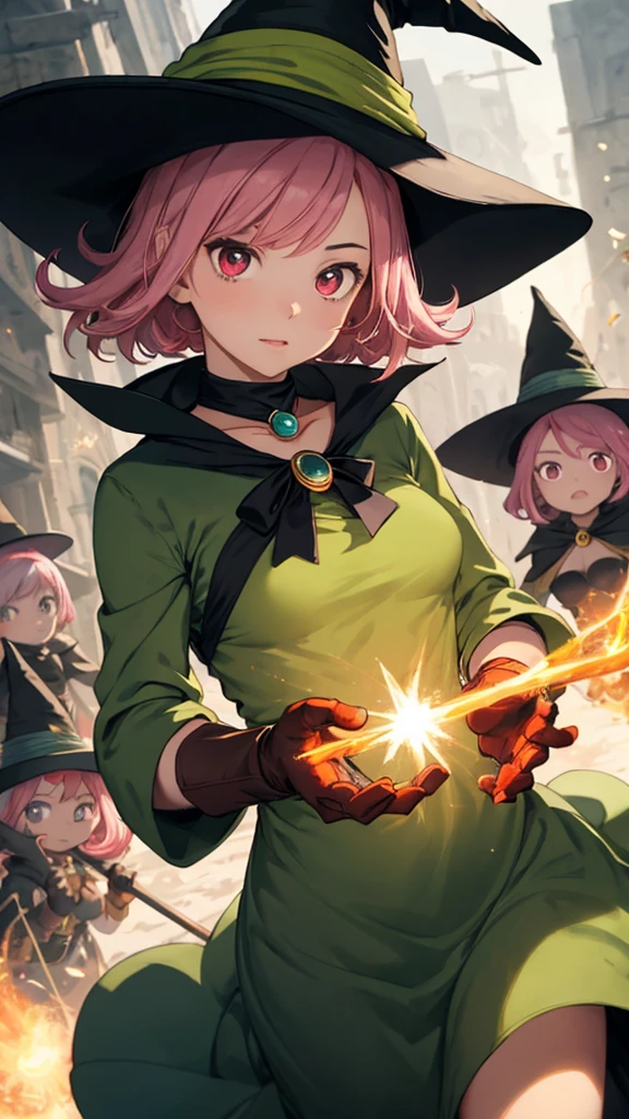 AS-Young V2, (8k, masterpiece,  top quality,  high definition ),  fantasy , cute顔, cute, Very big eyes, Aesthetic anime eyes,  small face,  Wizard \(dq3\),  short hair to be shouldered,  pink hair,  red eyes,  Big Breasts , witch hat, gloves, green dressオレンジのマント, staff, witch, Contempt, battlefield,  finding , Casting a Spell, Particles of light, wasteland,  1 girl, Alone,