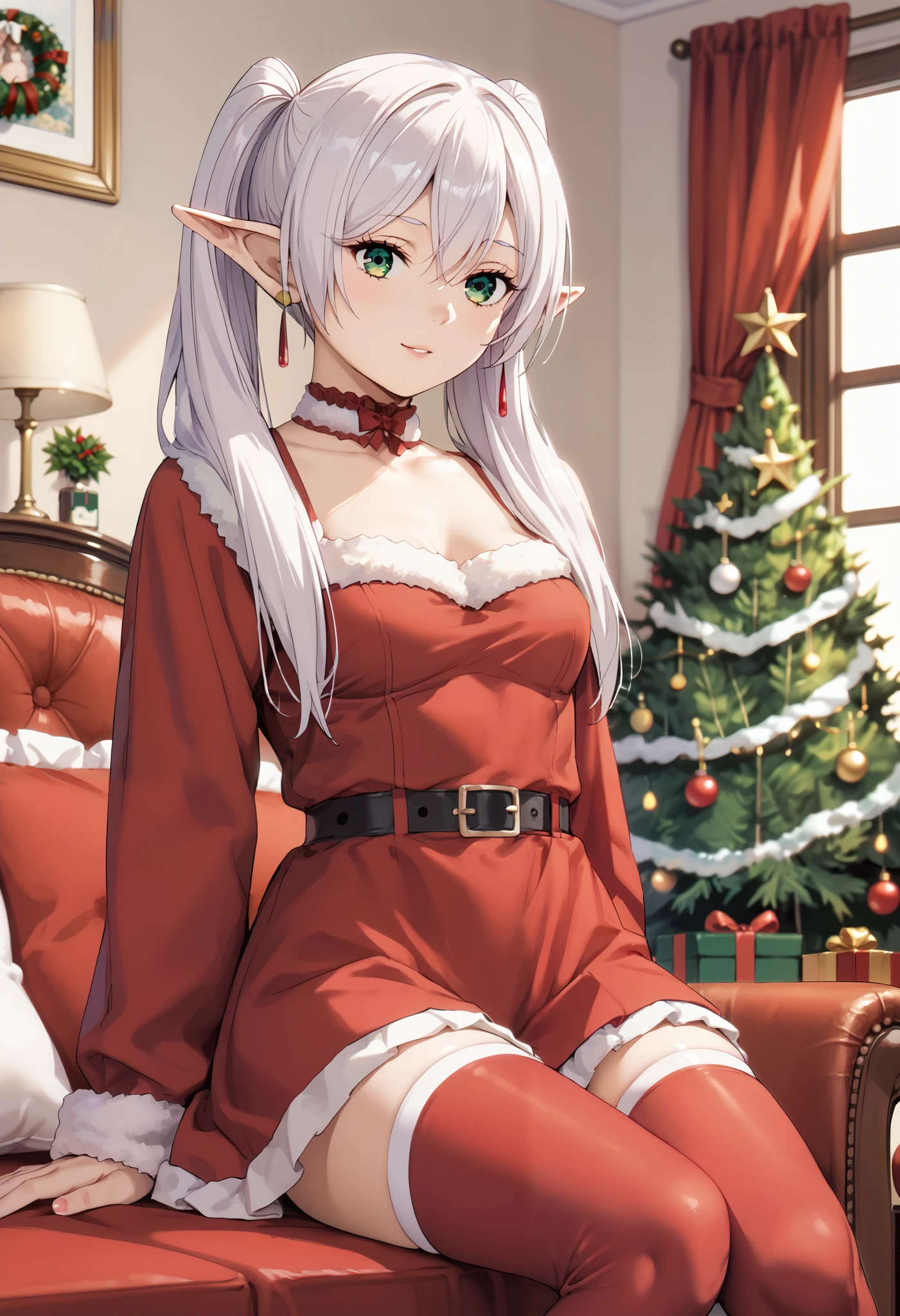 sfw, anime style, extremely detailed CG, high resolution, best quality, masterpiece, single woman, frieren (Sōsō no Frieren), white hair, ponytails on the sides, green eyes, (beautiful detailed eyes: 1.4), elven ears, christmas outfit, thigh-high stockings, natural pose, indoors