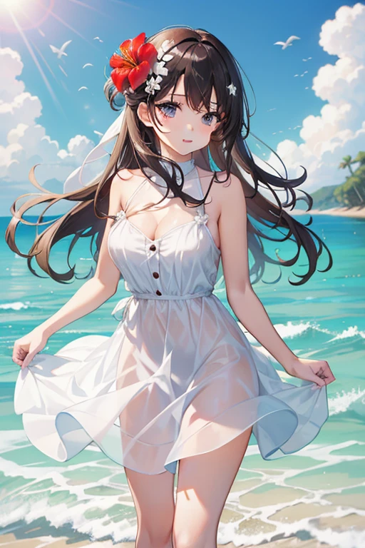 (looking back at the viewer),full body,low angle,from below,((both arms down)),(White elegant summer dress,one piece swimsuit),((1girl,cute,young,semi long beautiful black hair blunt bangs,beautiful eyes)),(solo),((masterpiece, highest resolution,best quality)), (beautiful illustration),(looking at the viewer), innocent smile,cinematic lighting,beautiful emerald green beach, white sand,waves,clouds,blue sky

