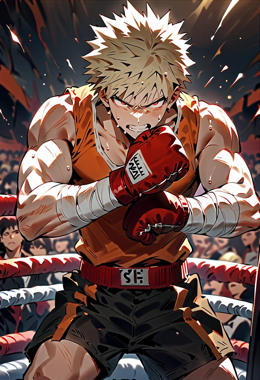 { - anatomy error} , ((Best Quality)), ((masterpiece)), (detailed),  The character is in a dynamic and confident stance. , 1 boy (18 years old), katsuki bakogu, red eyes, blonde hair,  He wears red boxing gloves with white details that reflect wear, suggesting that they are being actively used.
He has white bandages on his forearms and hands, typical of boxers to protect the knuckles.
His lower part is black shorts with details in orange tones and a white ribbon tied in front, typical of boxing uniforms.
The character is exposing his well-defined muscles, covered in sweat, indicating recent physical effort. His face and torso have multiple cuts, scars and scratches, indicating that he is in the middle of an intense fight or that he has gone through a difficult fight. The expression is serious and determined. His eyes are shaded, which intensifies his threatening air. The shadow covers part of his gaze, giving it a dramatic touch and focus on the battle.
The gesture of his mouth seems tight or concentrated, reflecting resistance and effort. He is in a combat position, with both arms raised in guard, protecting his face.
His body is slightly leaning forward, indicating that he is prepared to attack or defend himself.
The tense, marked muscles suggest that he is ready to move or that he is enduring the impact of combat. Background:
It is a boxing ring, with white and red ropes, typical of this type of setting.