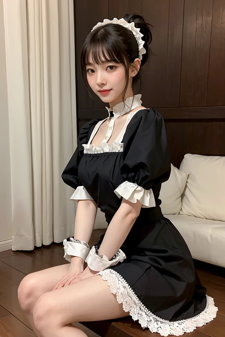 Super high quality, super high definition, super detailed, masterpiece, 25 years old, female, cute, nice body, gothic lolita clothes, gothic lolita fashion, frilly skirt, headdress, necklace, bracelet, knee-high socks, boots, double eyelids, tear bags, Detailed down to the fingers, photo-like description, indoors, dim indoor lighting, blonde hair, short bob, standing, whole body, composition that shows the whole body, smiling
