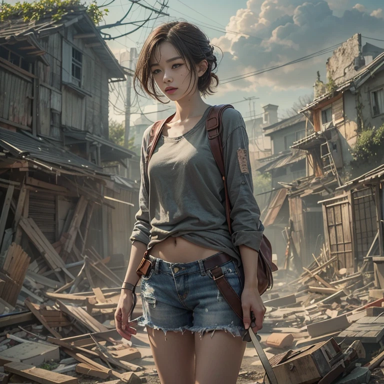 ( masterpieces during breakfast , top quality, 1 girl, Alone) In the ruins of the zombie apocalypse, 美しいアメリカの金髪の十代のBorn存者, ( Half Body Shot, Has Lots of Freckles on Her Face , slim figure, Short, Messy Sidecut Hair , Hazel green eyes), I'm tired but I won'Unyielding, Discover a Secret Sanctuary Village , A ray of hope shining into a hopelessly devastated world . Her Journey , Involving risk and loss, Lead Her to This Hidden Shelter , where safety and the possibility of new beginnings await .. Surrounded by Natural Revival , The sanctuary stands as a green oasis amidst devastated land., Its very existence is a testament to the resilience and tenacity of humankind.. When She Crosses the Line , Her Relief Is Clear ., Her face is、Even in the darkest times, Hope Can Find Her Path to Prosperity . This moment、It captures the essence of hope in the face of adversity.。, Bornき残るための戦いにおいて, The Human Spirit Is Indomitable , 16k, super high resolution. realistic , super high resolution, Born, Sanctuary Village in the Background , perfect face.