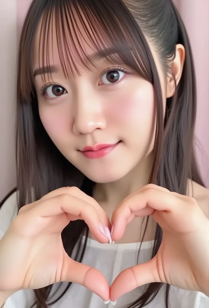 8k、  masterpieces during breakfast 、 top quality、 high definition 、finely、Top shot、 1 girl、  flat body 、 slim、*********** cute girl、((Make a heart with your hands Make a heart with your fingers))、  perfect hands 、Perfect means、Idol Stage Background、 idol costume 