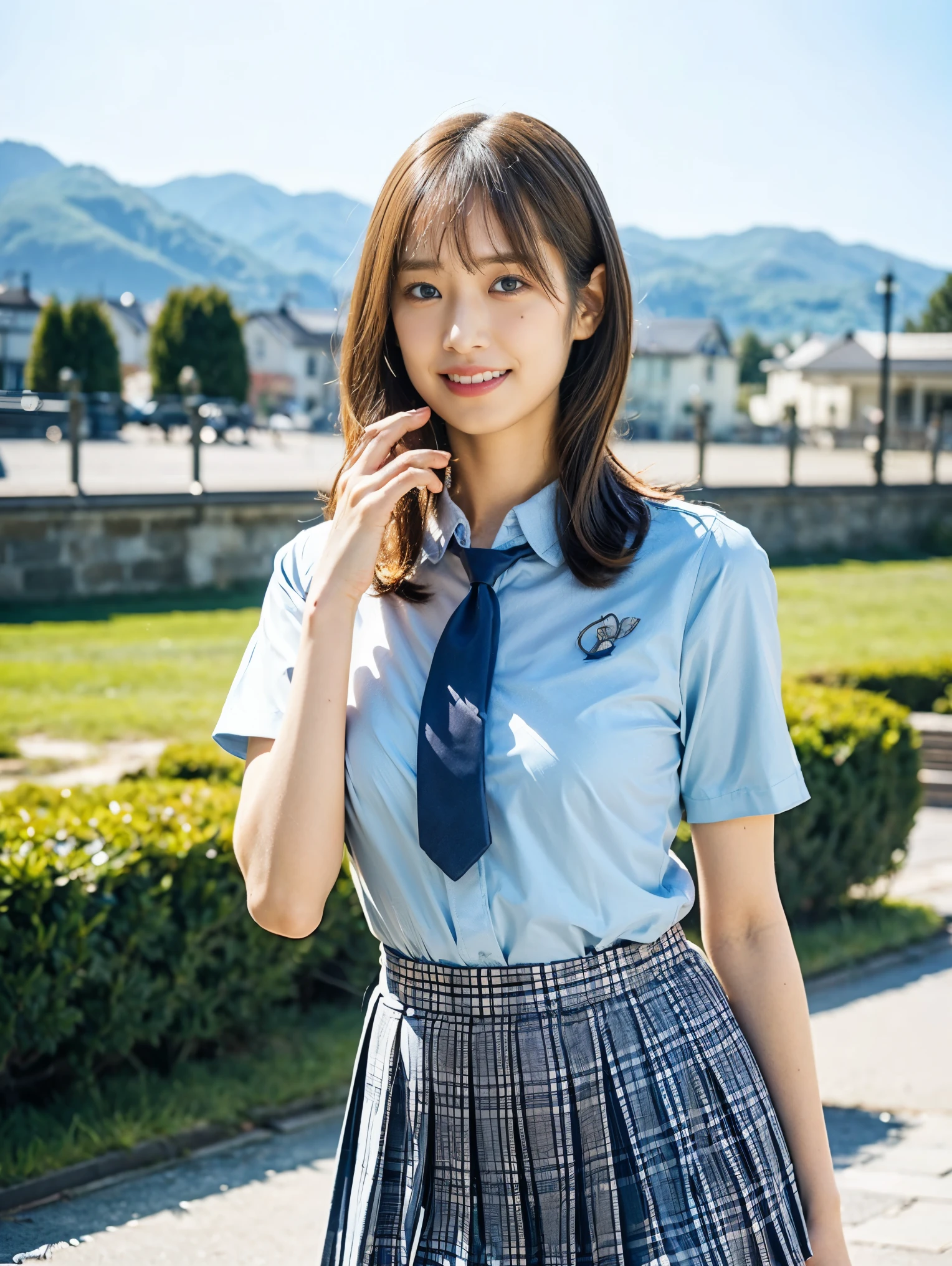 ( masterpieces during breakfast :1.3, top quality, ultra high resolution, super detailed), ( realistic :1.1, photo realistic :1.4), beautiful illustration, Full Photo, colorful , depth of field, Beautiful Detailed Hair , beautiful detailed face , BEAUTIFUL DETAILED EYES , beautiful collarbone , beautiful body, beautiful breasts, beautiful thighs, beautiful legs, Beautiful fingers , watch viewers, 1 girl, Japanese , high school girl with visible armpits, perfect face, ( PERFECT ANATOMY , anatomically accurate ), Cute Symmetrical Face , , tan, shiny skin, ( dark brown hair with semi-long hair), asymmetrical bang , blue eyes, long lashes, ( medium chest ), slender, (( Short Sleeve Shirt with Collar , light blue shirt, school uniform, Grey Plaid Pleated Skirt, navy tie )), light blue panties , ( Beautiful Scenery ), evening , (Outdoor, Distant cityscape), 's full body is shown, standing, walker behind、 place your hands on your chest , (Beautiful smile, Above the eyes, open mouth),