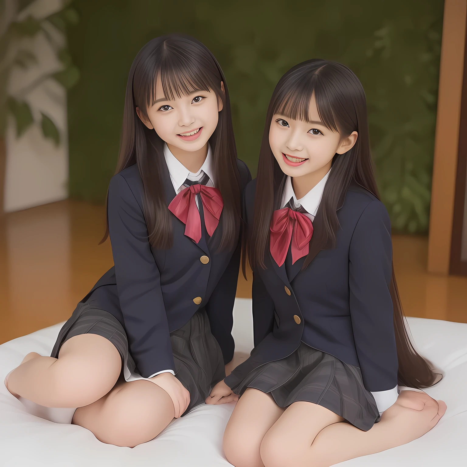 (Highest quality, masterpiece:1.2), Highest quality, High resolution, 1080P, 8k, clearly detailed, (Noble super-pretty long hair hair super-beautiful super-bewitching super-cute expensive school-uniform pretty slender yo girl of most beautiful school-uniform girl models photo magazine in Japan, too beautiful aristocratic daughter is taking the viewer into the bed forcibly, laughing at the viewer, in supreme bliss, accepts the viewer's every desire: 2.0), (neat gorgeous school uniform of private high school in Japan. navy-school-blazer with gold-emblem, super-neat navy-blue-tartan-checkered blue-pleats-school-skirt, super-girly plain-red ribbon on the breast: 1.5), (bewitching expression, smile, lips, and pose to corrupt the viewer, everything is planned and prepared to corrupt the viewer into the allusion of love towards the girl: 1.2), (clearly detailed foreground focusing on girl's beauty and cuteness, gorgeous blue girly bed background of full-of-girls heaven: 1.2), (navy checkered school skirt), (full body shot)