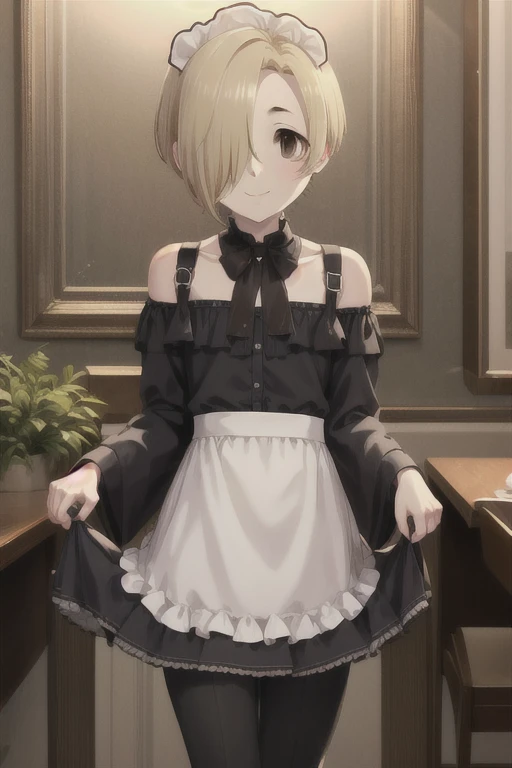   masterpieces during breakfast , top quality, high definition , Ultra Detailed,,, hair ribbon,indoor,Cafe,Maid,Maid headdress, apron,( Skirt Hold :1.2), standing, Cowboy Shots,smile,, (((Shirasaka Koume,  blonde hair ,  hair covering one eye ,  short hair to be shouldered,  Brown Eyes ,  flat chested))), pants that are open again, lifts her skirt 
