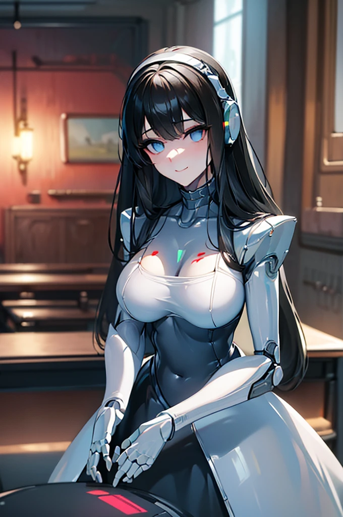 (masterpiece),(Highest quality),(Super detailed),(Best illustrations),(Best Shadow),(Absurd),(Detailed Background),(so beautiful), 16K, 8K, 4K,(Best Shadow),robotization,woman ,big bust,Robot Joint ,Metal skin,Black robot Suit,long hair,a black robot suit that covers the whole body,robot hand,cyber bodysuit,mecha head,(Detailed hands and fingers:1.2),Ball joint robot body,doll joint,beautiful face,beautiful robot girl,robotic eye,robotic hands,(no more human skin),android girl,cyborg girl,F cup, sexy body,(machine made joints:1.2),(machanical limbs:1.1),(blood vessels connected to tubes),(mechanical vertebra attaching to back),(mechanical cervial attaching to neck),no messy picture style,no emotion,tech control,black robot suit,maintenance,smile,hypno,highleg,leotard