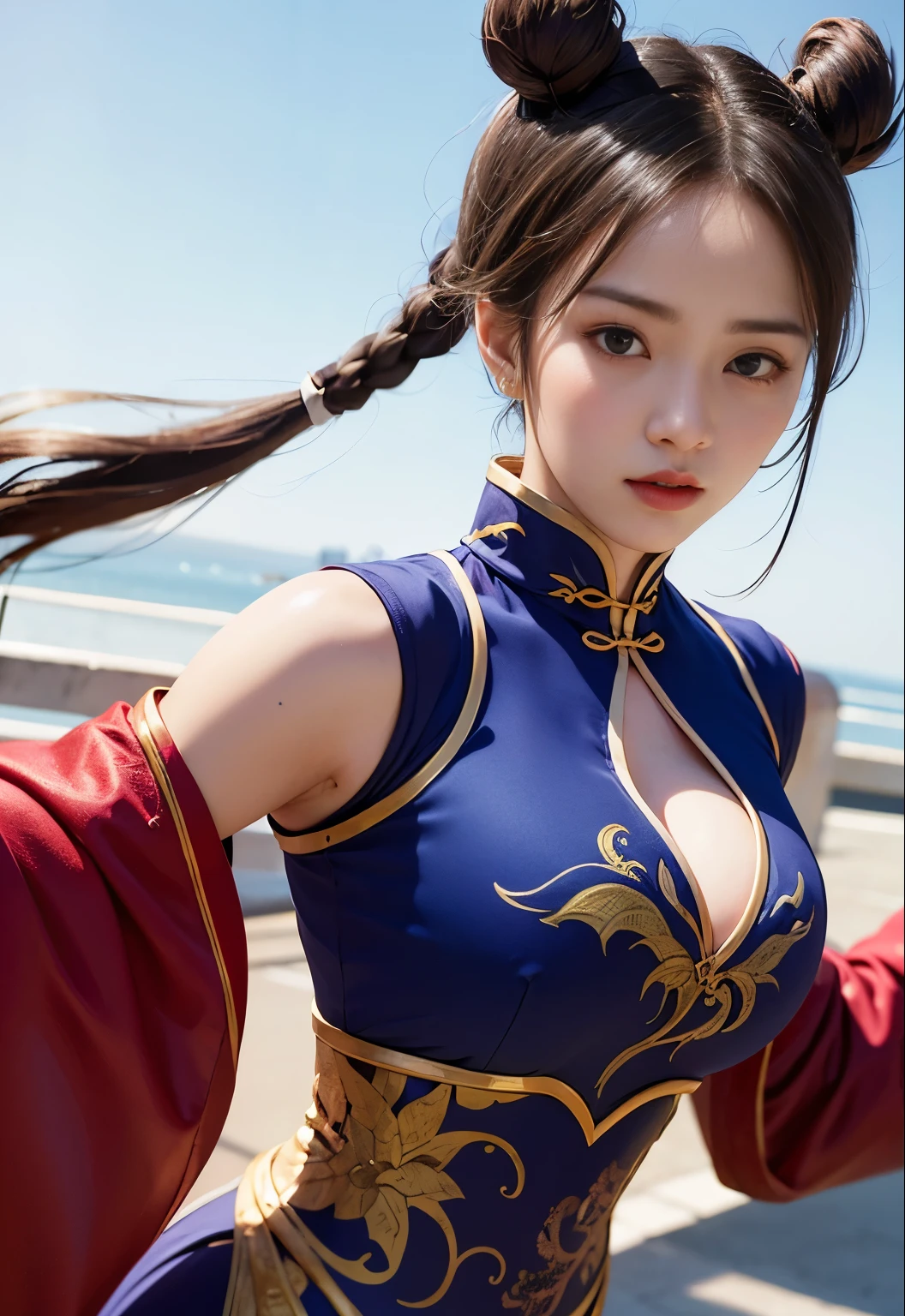 16K quality、最 High Quality 、 high definition 、Actual Photos、((Long Hit、 looks like the whole body is shown ))、((SF2 Chunliの青い Chinese Dress ))、(((SF2 Chunli&#39;Blue and Navy)  Chinese Dress 、 white panties、Puff sleeve short sleeve 、White Band、 bold thigh slit )))、(光沢のある Chinese Dress 、詳細な Chinese Dress の詳細)、A blue box with gold trim、Gold trim、(Black wrist band )、((Blue Fordrop))、(((I) In the form of balance、 let's raise one leg straight 、Stretch your legs、 Put your legs above your head  :1.5)))、(((High Kick)))、 ( bun hair 、Grey hair clip、Ribbon knot)、(( Chinese inner side ) Night City、neon、 I'm on the road ))、Fカップの巨乳が膨らむ Chinese Dress 、 Chinese Dress を中心に、 perfect body、  perfect hands 、Perfect means、A masterpiece with realistic features、( Long Legged Supermodel ) 、緻密でbeautiful唇、くっきりとしたbeautiful顔立ちと均整のとれた目、（very beautiful and discreet makeup、light makeup、 manicured nose 、 thin eyebrows）、（Soft light、 High Quality 、Smooth and sharp、10x pixels、beautiful）  Eye Shadow : 1.8)、 sexual arousal、smile、(Sharp V-zone)、( cute Japanese women in their 20s、正面を向いて camera 、 wet and shiny dark brown hair )、(( dynamic pose 、open)  lift both legs and look at the crotch from the apron side .)）、(真下に垂れる青い Chinese Dress の前))、(( very beautiful and modest Makeup 、光沢のある very beautiful and modest Makeup がbeautiful))、(((White enamel )  knee-high boots))、(Shiny blue crotch)、 low angle、 full thighs、 Taimo emphasis、 bangs hairstyle 、Delicate body、 slim、entity、textured skin、Light-reflecting skin、 facing the front 、 Model Body Type 、  detailed fingers  、beautiful目、 has long eyelashes、８Head and body、 low angle、Light in the eyes、 small face 、 double eyelids 、 big eyes、 lip gloss、 camera 、Background blur、Frontal video lighting、 Eyes 