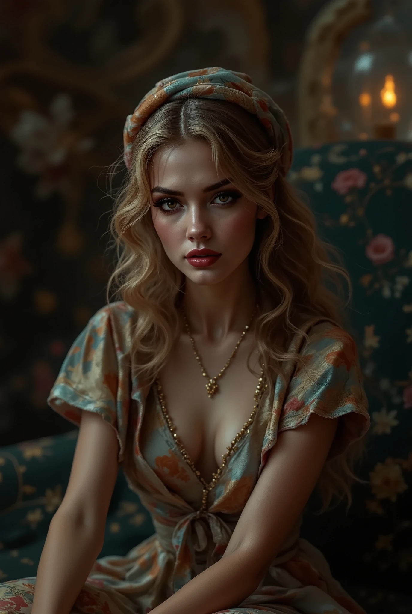 (close-up, editorial photograph of a 20 yo woman from the 1940's), (highly detailed face:1.4) (smile:0.7) (background inside dark, moody, private study:1.3) POV, by lee jeffries, nikon d850, film stock photograph ,4 kodak portra 400 ,camera f1.6 lens ,rich colors ,hyper realistic ,lifelike texture, dramatic lighting , cinestill 800