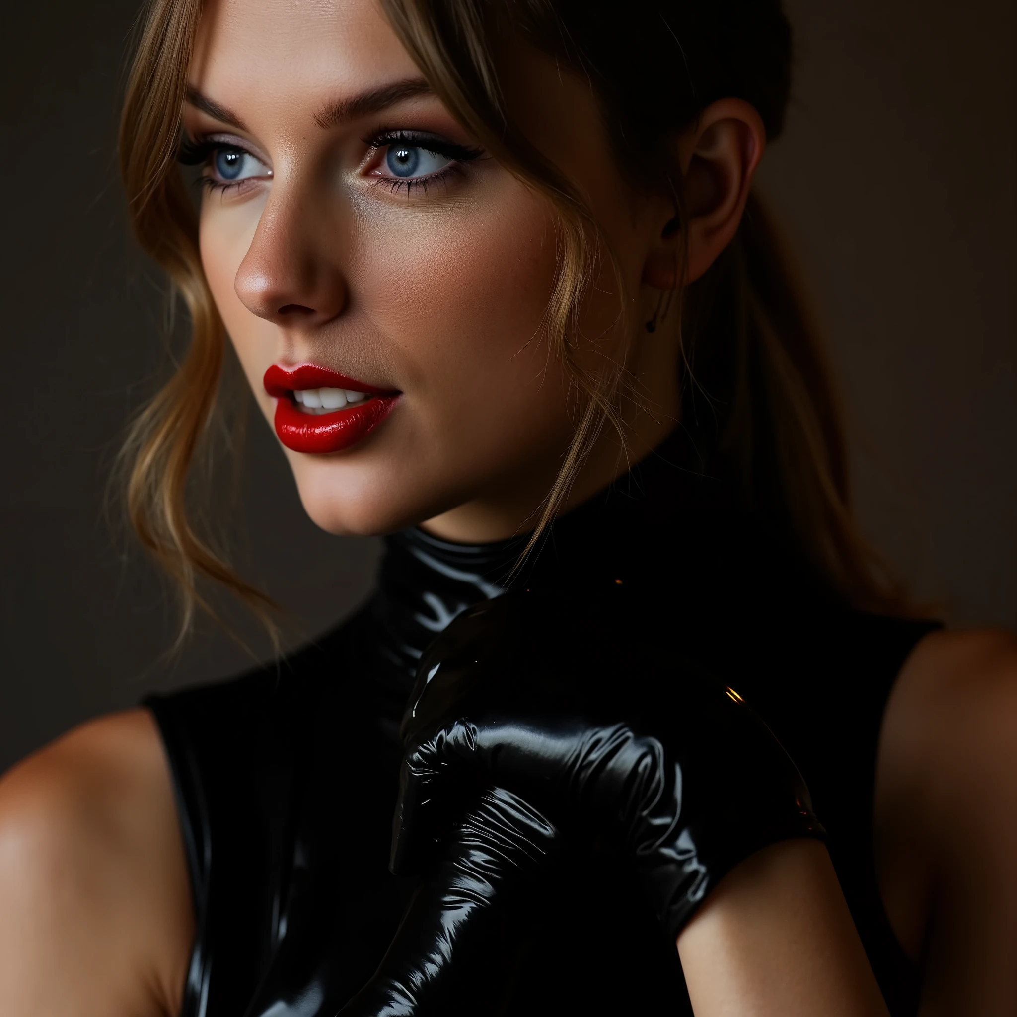 portrait of taylor, wearing a black latex bodysuit, wearing a latex pleated mini skirt, latex stockings, latex gloves, she is wearing shiny red lip gloss, close up portrait of her face 