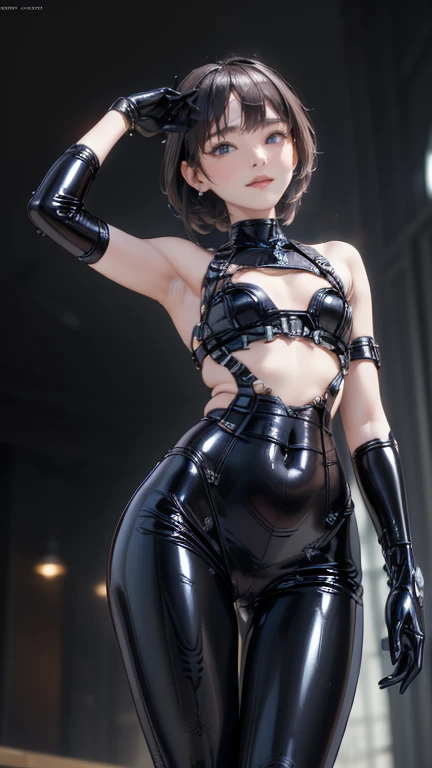 Highest quality,masterpiece,8k,One girl,(((((()))))),orgasm,blush, Sweat,breath_home town,(change,,Bobcut,Flat Chest, short hair,Wavy Hair:1.5),Black Hair,Long Hair,black leotard,black thighhighs,garter_strap,Black Elbow_gloves,Green Gem,High leg_leotard,thigh_boots,Covered navel