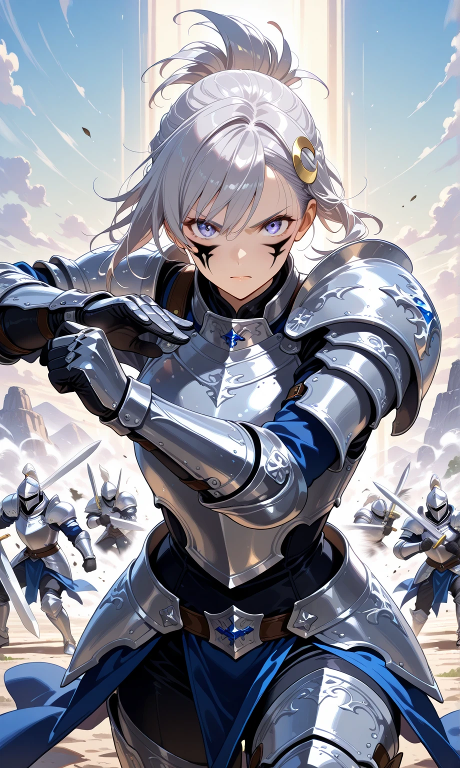 (masterpiece, best quality, detailed), 1girl, solo, furina, white hair, streaked hair, blue hair, blue eyes, looking at viewer, small breasts,
armor, breastplate, shoulder armor, gloves, armored dress, cape, outdoors, lightning, rain, cloudy sky, wet, storm, wind, contrapposto, v-shaped eyebrows, smile, closed mouth