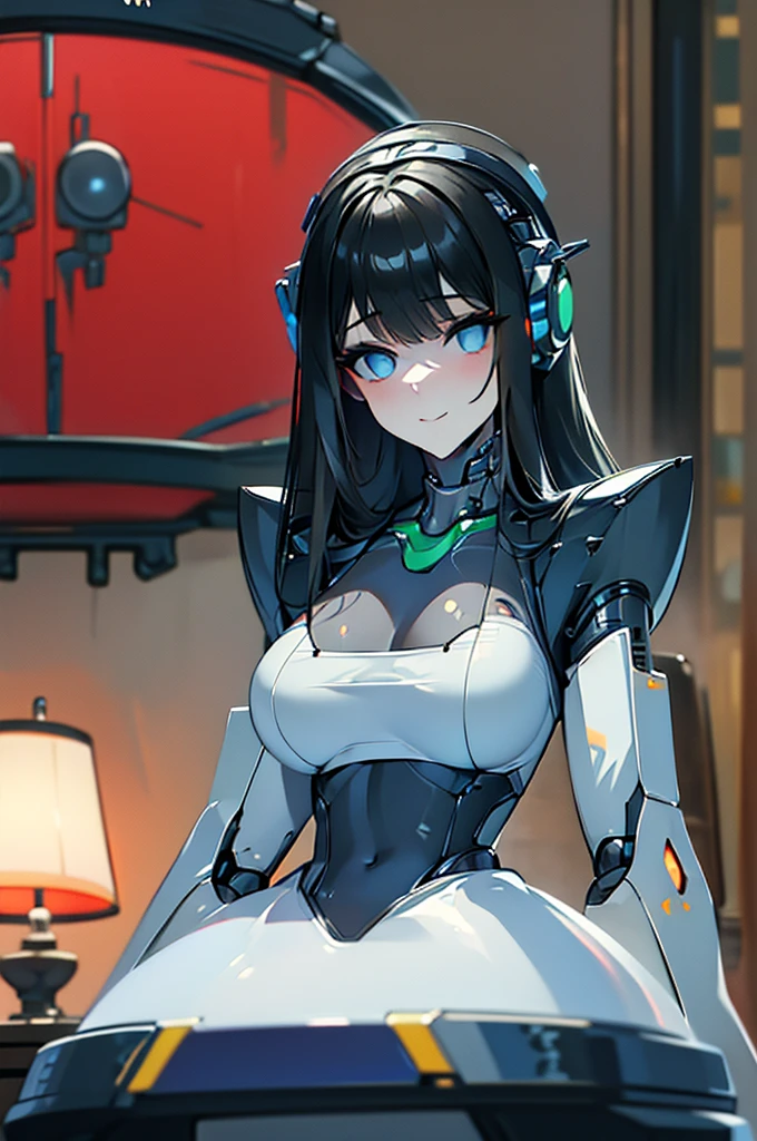 (masterpiece),(Highest quality),(Super detailed),(Best illustrations),(Best Shadow),(Absurd),(Detailed Background),(so beautiful), 16K, 8K, 4K,(Best Shadow),robotization,woman ,big bust,Robot Joint ,Metal skin,Black robot Suit,long hair,a black robot suit that covers the whole body,robot hand,cyber bodysuit,mecha head,(Detailed hands and fingers:1.2),Ball joint robot body,doll joint,beautiful face,beautiful robot girl,robotic eye,robotic hands,(no more human skin),android girl,cyborg girl,F cup, sexy body,(machine made joints:1.2),(machanical limbs:1.1),(blood vessels connected to tubes),(mechanical vertebra attaching to back),(mechanical cervial attaching to neck),no messy picture style,no emotion,tech control,black robot suit,maintenance,smile,hypno,highleg,leotard