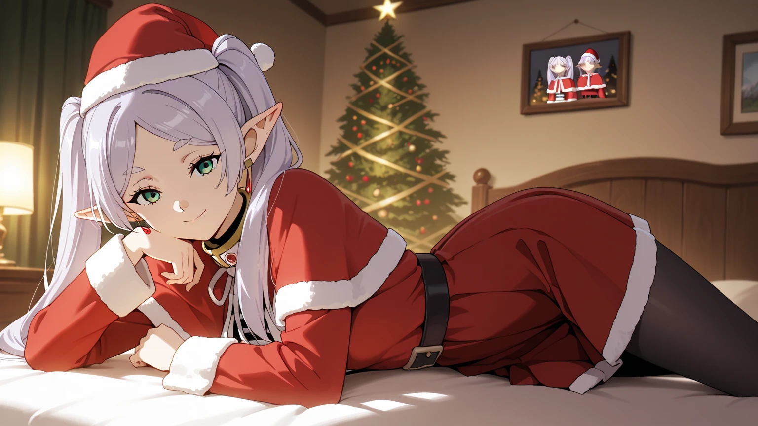 (masterpiece), best quality, absurdres, very aesthetic, looking at the viewer, nice hands, 1 girl,zzFrieren, long hair, smile,  twintails, green eyes, grey hair, pointy ears, elf, zzFrieren, long hair, twintails, green eyes, grey hair, pointy ears, elf, shirt, long sleeves, jewelry, earrings, red capelet santa , christmas, red santa hat, santa costume, room decoration, christmas decorated room, pose in bed, red skirt, black pantyhose,