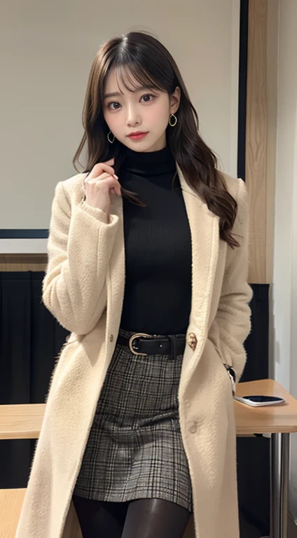 (8K, RAW Photos, Highest quality, masterpiece:1.2), (professional photography, full colors, studio-caliber color grading), (Gravure quality for high-end fashion magazines), BREAK,18 year old girl, (boyish:1.15), (mannish:1.1), Big Natural Color Lip, (Plumpy body:1.2), (smooth skin:1.1), (large breasts:1.0 Gorgeous and stylish black fluffy latest trend Tokyo winter clothes, (Elegant and high quality coat:1.1)、(The perfect and most natural light brown coat:1.1 (t-shirt that goes all the way down to the neck:1.2 A-line skirt,