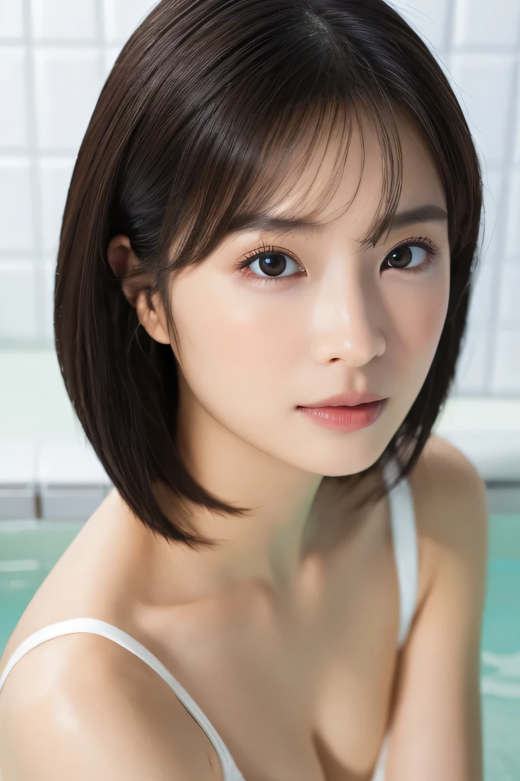 （masterpiece）、(highest quality:1.5)、(16k wallpaper:1.2)、(Photorealistic:1.2)、(Ultra-detailed:1.2)、(超A high resolution:1.2),(Surreal),  (High resolution), (Very detailed), (Professional), (Realistic), (Post-processing),  (Very detailed),(Sharp focus), Sharp focus:1.2,Photorealistic, Ultra-realistic, Backlight, Bright light, (Improvement of quality:1.4),

Healthy thighs、Narrow waist、Big Ass、（Beautiful legs）、((Perfectly detailed five-fingered hands)),（Anatomically correct body）、((1 female:1.4))、Realistic Skin、（Small chest：1.4）,Pretty woman with perfect figure:1.4,(from the front:1.5), (Enhances the beauty of skin texture:1.1),

 (Beautiful fine details), (Detailed face),Beautiful realistic face,No makeup、美しいBlack Hair、Super Beauty、The best smile、Natural color lip、Even bangs、((29-year-old woman))、Bob Hair、Hair blowing in the wind, (Black Hair, Iris, Watery eyes, Shining Eyes, Short bob cut hair, Small earrings, Lightly reddish), Hair behind the ear、No makeup、(Drooping eyes)、(Drooping eye corners)、 (A scene where she comes out of the shower room wrapped in a bath towel:1.3),Buckshot,Full Body Shot, (Angle from below:1.3)