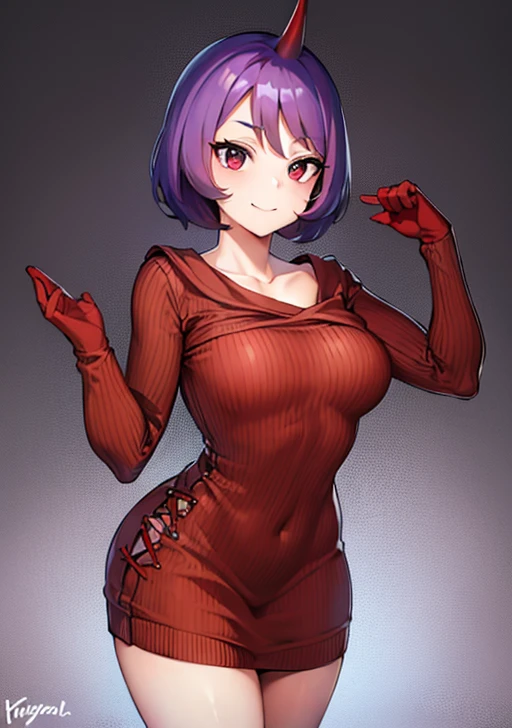 courtney,  1 girl, Alone, chest,  watch viewers, smile,  short hair to be shouldered, Bangla Background,  gloves, White background,  dress,  closed mouth ,  purple eyes,  purple hair, horn, signature, Food, , raise arms,  sweater ,  eyelash , red  dress, Clenched hands, red  gloves, ribbed  sweater , Food up, fake horn,  sweater   dress, hornのある帽子, ribbed  dress, gigantic chest