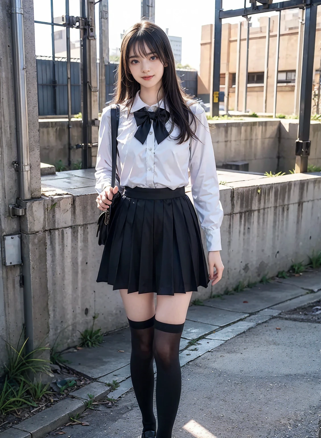 High quality, Ultra detailed, best quality, insanely detailed, beautiful, masterpiece、8k、nsfw、spread pussy、upskirt、skirt lift、skirt lift by myself、((show off pussy1.4))、pubic hair、pussy focus、public indecency、((from below:1.3))、looking at viewer、spread pussy、bottomless、cinematic lighting、、black cardigan、clothed、city