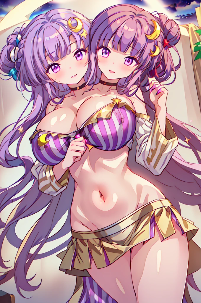 (masterpiece, best quality), best quality, (ultra-detailed), ((3heads:2.0)), 1girl, ((three headed girl:1.5)), (patchouli knowledge:1.3), masterpiece, best quality, (high quality), (high resolution), (best quality:1.5, highres, UHD), highres, absurdo, ultra detail, ultra quality, ultra resolution, purple top, crop top, ((stomach)), midriff, ((groin)), vertical striped skirt, normal ears, sweet smile, purple hair, (same hair color), very long hair, wavy hair, sidelocks, green eyes, parted lips, smiling, soft smile, sweet smile, gentle smile, cute, toned belly, hand on own chest, eyelashes, (2 woman:1.3), (masterpiece:1.5), (best quality:1.5), (beautiful detailed), extremely detailed CG, extremely delicate and beautiful, depth of field, (finely detailed face), (perfect details:1.3), (mature female:1.3), wide pelvis, slender, huge veiny breast, 16k resolution, high quality, high definition, extremely detailed, masterpiece, purple hair, long hair, alluring presence, ((wearing a night-cap with a gold crescent moon on it:1.5)), short skirt, close up, (very big breasts:1.5), very huge breasts, young, crescent hat ornament, crescent, hair bow, bow, open belly, nsfw, girl with three heads, three headed girl,
