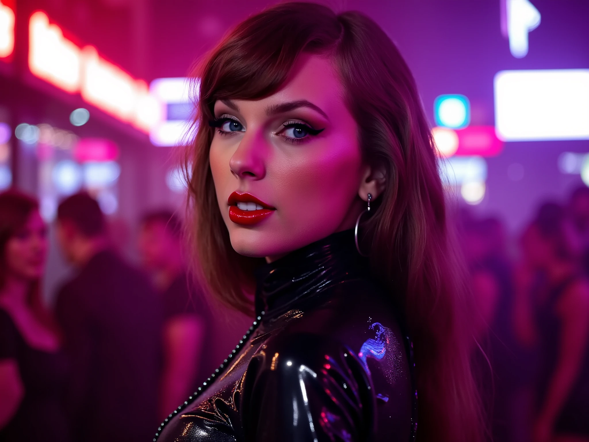 portrait of taylor, she is wearing shiny red lip gloss, looking directly at the viewer, she is wearing a latex cyberpunk outfit, she is standing in a nightclub, the room is brightly lit with neon lights,