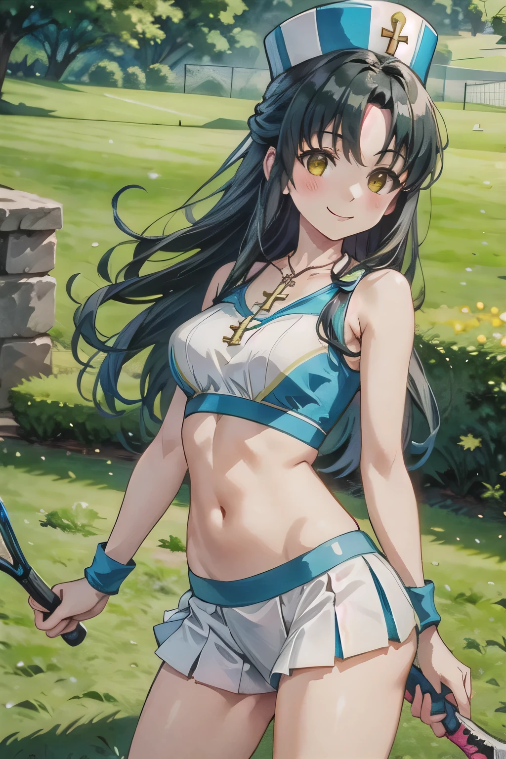 nsfw. She is wearing a white tennis outfit, with her white undergarments visible. She holds a single tennis racket with both hands in a poised and focused manner. The lush green grass tennis court stretches out in the background. This scene radiates elegance, power, and athletic skill. (  masterpieces during breakfast ,  top quality:1.4),  smile, black hair,  Half Up Yellow Eyes, Mitre Hat ,  Cross Necklace .