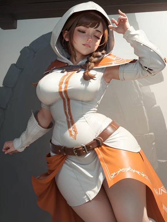 ((Best Quality, 4K, Masterpiece: 1.3)), a close up of a woman with armor arm in a blue outfit, ashe, katarina, miss fortune, leblanc, league of legends character, miss fortune league of legends, Big Breast, Huge Breast, Red Hair, 4K, HD, Ultra Realistic, extremely detailed