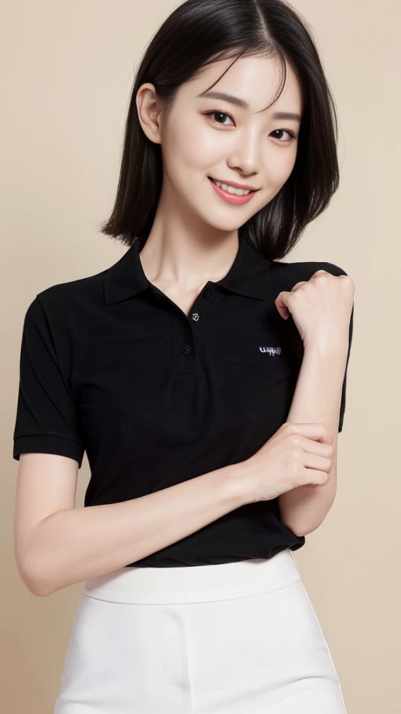 masterpiece, best quality, Surreal, Ultra Detailed, 8k resolution, RAW photos, Clear focus, (A girl in the forest), ((navy blue shirt:1.1)), Short sleeve, Long sweatpants,Full body posture, Solitary, Perfect body, Become a, 32 inches in the chest,(a charming smile:1), (sexy pose),26 years old, light,White shoes