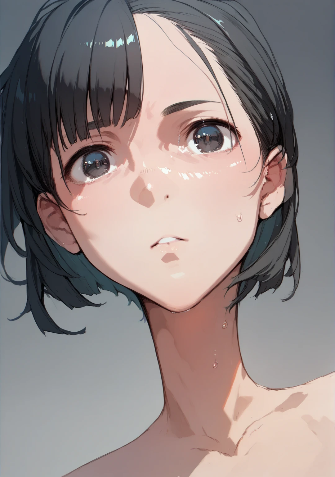 Ultra-realism、chest, solo, Black Hair、model、Shortcuts、Blushing, Troubled face