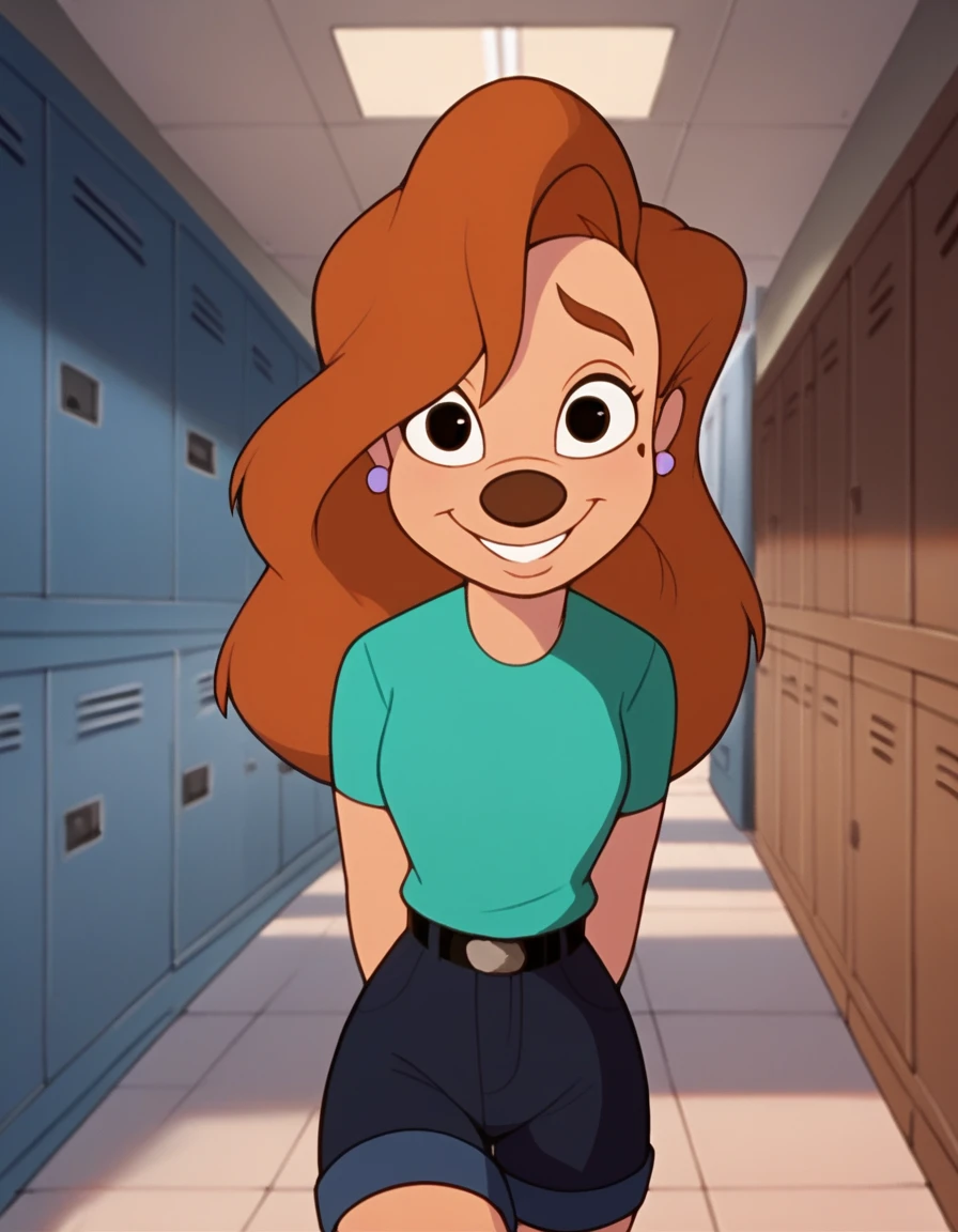 roxanne, 1girl, brown hair, long hair, solo, earrings, black eyes, green shirt, short sleeves, smile, furry female, shorts, belt,, score_9, score_8_up, score_7_up, score_6_up, score_5_up, score_4_up, looking at viewer,  hallway, locker, arms behind back, shy,