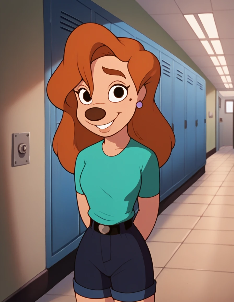 roxanne, 1girl, brown hair, long hair, solo, earrings, black eyes, green shirt, short sleeves, smile, furry female, shorts, belt,, score_9, score_8_up, score_7_up, score_6_up, score_5_up, score_4_up, looking at viewer,  hallway, locker, arms behind back, shy,