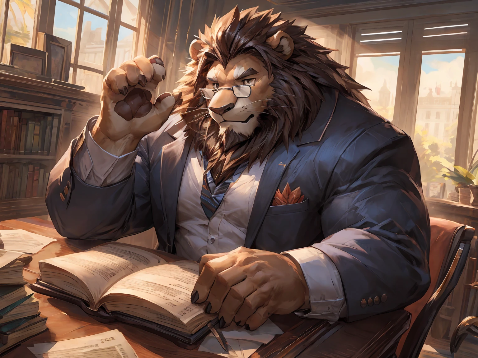 Sweating, muscular, Topless, The background is a spectacular magic school classroom, Harry Potter Teacher, magician, hairy, Anthropomorphic chest hair, Serious expression(scars in the face) Mature (Golden Eyes)Huge muscular ripped abs wild,Black lion, A bully with tribal ambitions