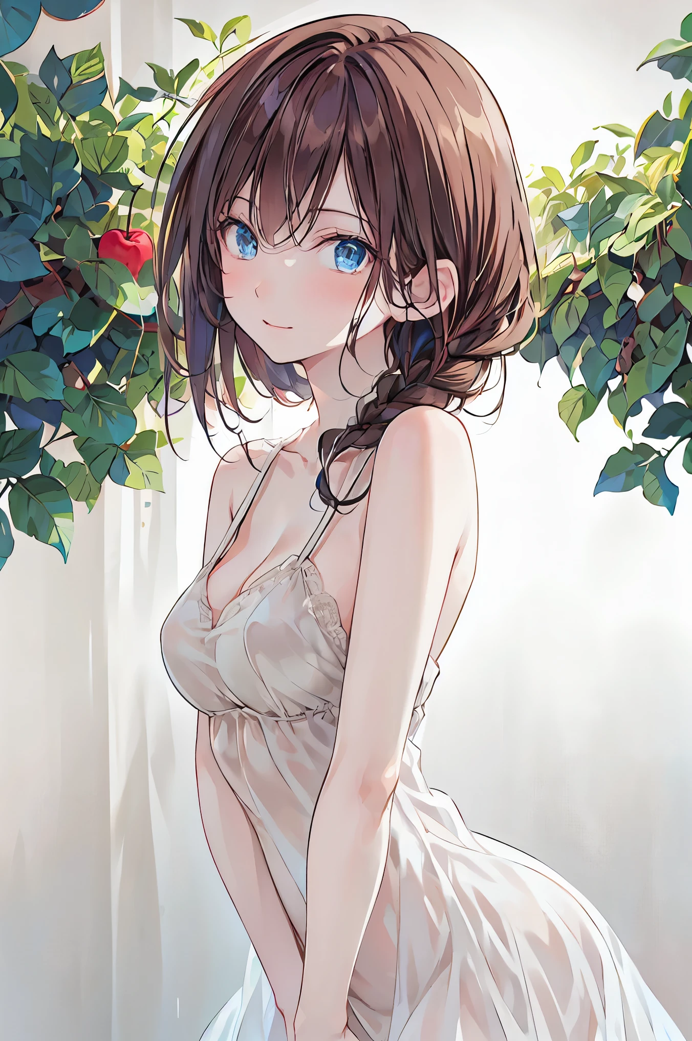 (best quality), (Super detailed), (Best Illustration), (masterpiece), (woman), {(white bra:1.2)}, (large breasts:1.2), {brown hair, (sideburns), (bob cut:1.3), curly hair, hairs between eyes, colored inner hair}, {(detailed eyes), blue eyes}, blush, earring, wind, (flower garden)