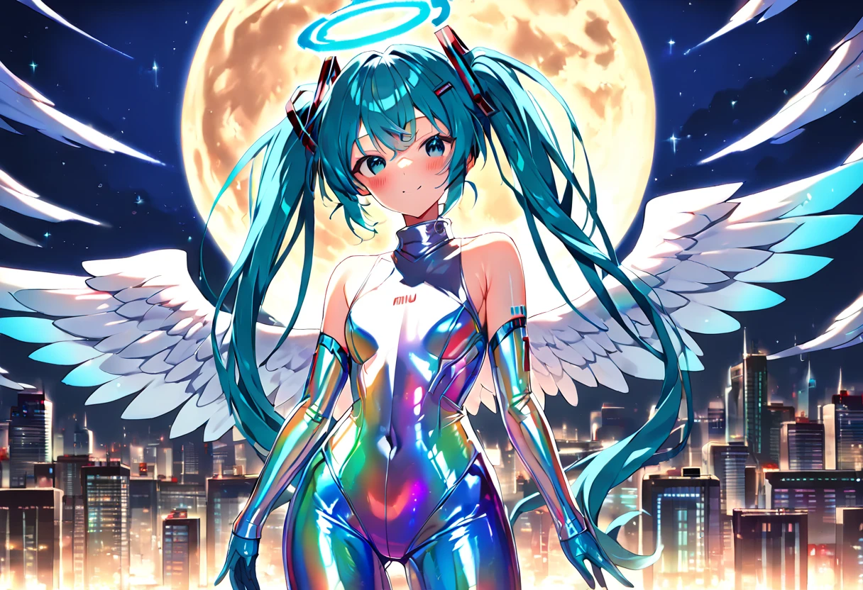 (hatsune miku, angel:1.4), (angel wing, angel halo:1.4), (gleaming skin, shiny skin:1.4), (iridescent body suit, bare shoulder, turtleneck, camouflage:1.4), (flying:1.4), (cowboy shot:1.4), (futuristic city, downtown sky:1.4), (midnight, fullmoon:1.4), 