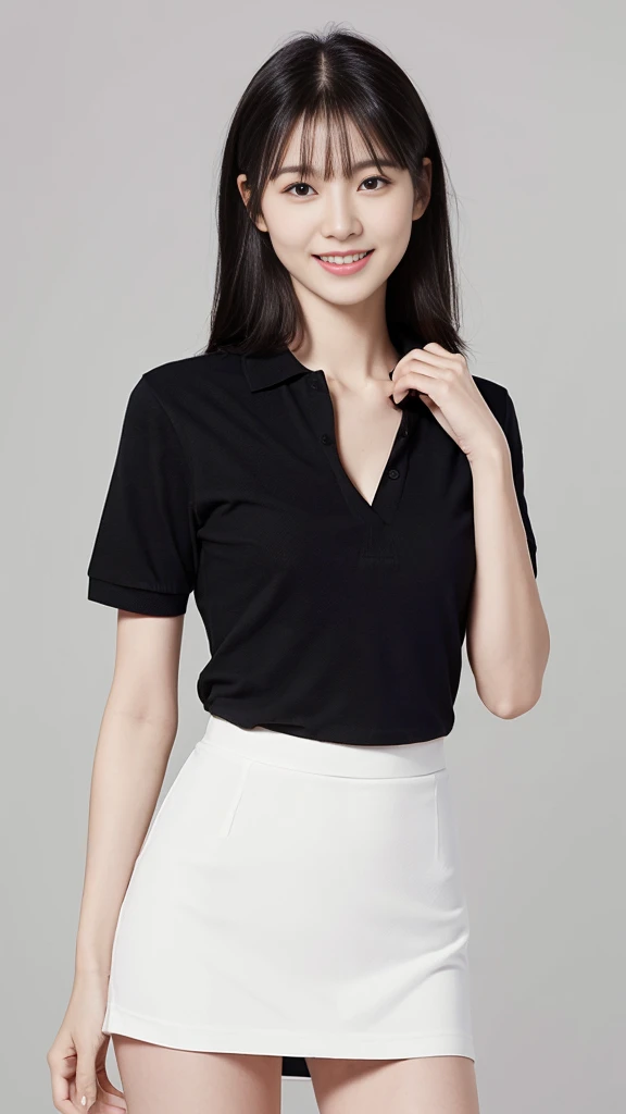 on the table, best quality, illustration, Super detailed, fine details, high resolution, 8k wallpaper, Perfect dynamic composition, Beautiful and delicate eyes,female student、Polo shirt、thighs thighs thighs thighs, (huge :1.3)、 natural color lips,a smile,exposing her chest,Show breasts,huge breasts,