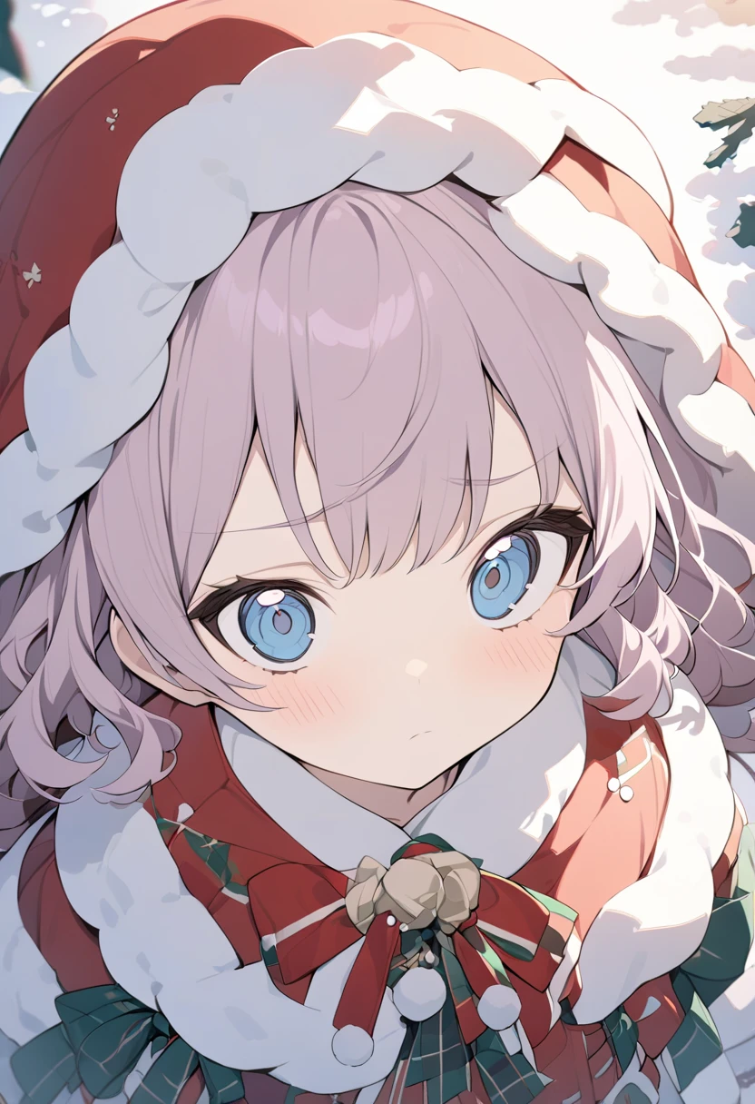 masterpiece, best quality, amazing quality, very aesthetic, high resolution, ultra-detailed, absurdres, newest, scenery, christmas, snowing, cinematic light, traditional media, bloom, beautiful, hakum1ko, anime visual,  2d,  fantasy, hyperdetailed, 1girl, covered mouth, scarf, blush, half-closed eyes, pointy ears, hair ornament, pink hair, ringlets, blue eyes, limited palette, pastel colors, very long hair, cute, chibi, child, from above, looking up, dreamy, bloom, shimmer, city, tearing up, upper body, portrait, shiny, more detail XL, sunlight, (extremely detailed background, shadow, (dutch angle), natural lighting, color coordination, smooth lineart,depth of field,volumetric lighting
