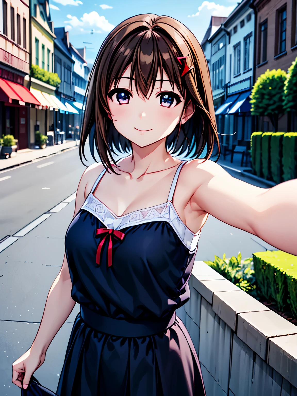  high definition 、 top quality、 super high quality 、 one girl、solo、 shot from the front、Selfie style、( Animated Illustration Style :1.10),、whole body、 standing、Yagami　Hayate、 shortcut、Beautiful brown hair、 Beautiful and Attractive Red Eyes、Cross Barrette 、smile、 Very Fine Face 、 closed mouth元、smile、 red eyes、Cross Barrette 、smile、Very fine顔、 closed mouth、 camisole、 Long Skirt、 beautiful eyes、  sharp pupils 、 sharp focus 、Town、building、（Very fine、color、Sparkle）、（Genuine、 real、Realistic）、 high definition 、超 high definition 、super fine painting、 Cowboy Shots