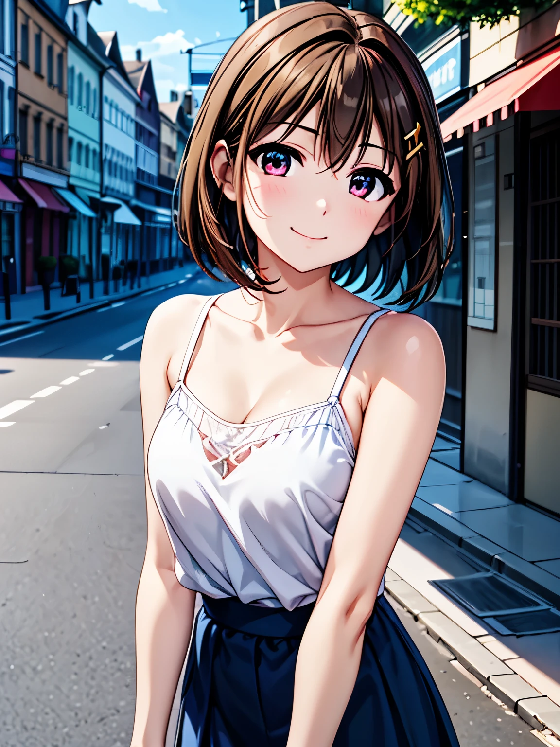  high definition 、 top quality、 super high quality 、 one girl、solo、 shot from the front、Selfie style、( Animated Illustration Style :1.10),、whole body、 standing、Yagami　Hayate、 shortcut、Beautiful brown hair、 Beautiful and Attractive Red Eyes、Cross Barrette 、smile、 Very Fine Face 、 closed mouth元、smile、 red eyes、Cross Barrette 、smile、Very fine顔、 closed mouth、 camisole、 Long Skirt、 beautiful eyes、  sharp pupils 、 sharp focus 、Town、building、（Very fine、color、Sparkle）、（Genuine、 real、Realistic）、 high definition 、超 high definition 、super fine painting、 Cowboy Shots