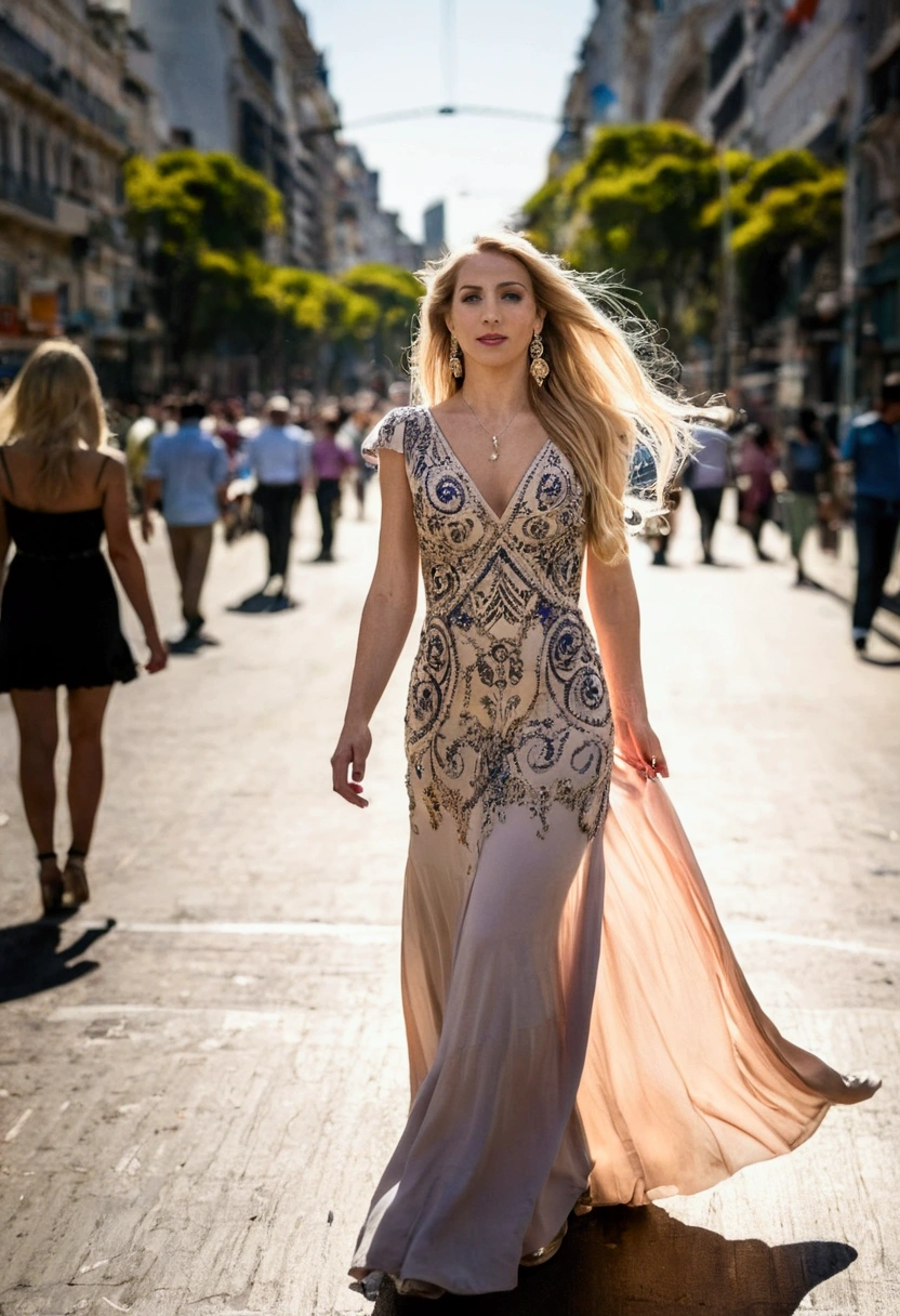 RAW photo, a 20-year-old Brazilian woman, blonde balayage, long hair, in long glittery dress, medium size breast, with a open neckline, hour glass shaped body, sexy expression, walking towards the center, outside on a open balcony ,night time, medium length legs, (soft backlight), realistic, masterpiece, highest quality, lens flare, [[chromatic aberration]],best shadow, photorealism, hyperrealism, one girl, full body shot