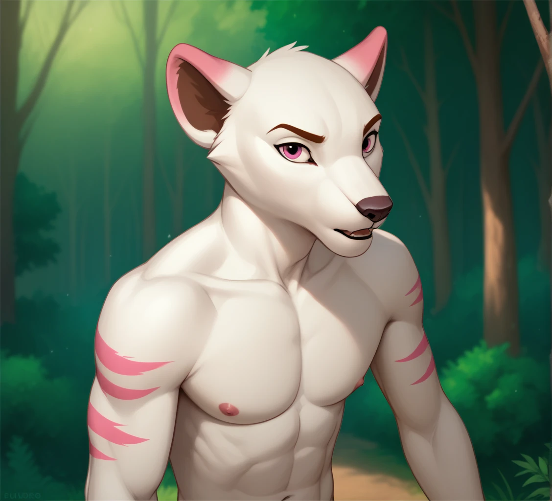 male, anthropomorphic, arctic fox, white body, pink stripes, pink nails, skinny, weak, runners body, slim build, ultra realistic, closeup, fullbody, mouth closed, facing viewer, forest, no shirt, eyes opened, looking at viewer, shirtless