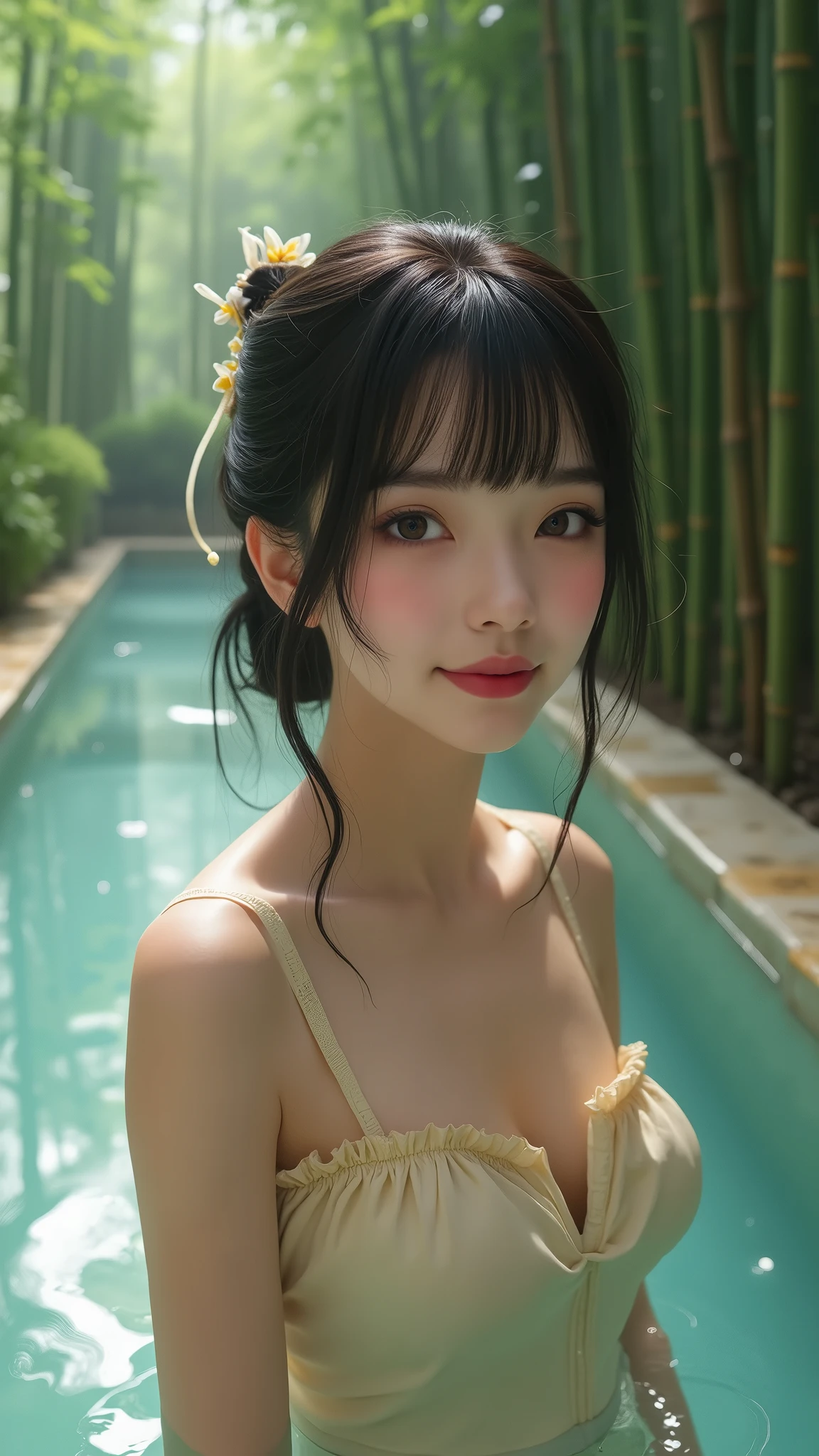 Black hair, long hair, upper body, standing in the water, split bangs, modern, surrealism, cinematic lighting, chiaroscuro, masterpiece, textured skin, high resolution, high quality, high detail, beautiful face, pronounced cleavage, translucent clothes, falling petals, smile